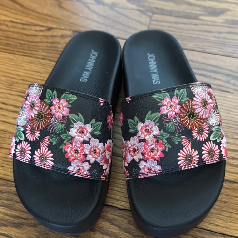 Johnny Was Black and Pink Floral Sandals